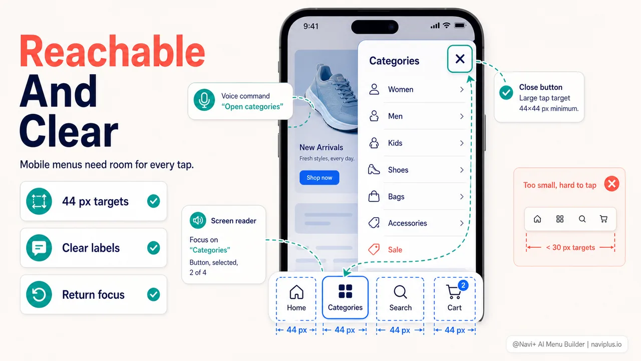 Mobile navigation showing 44 pixel minimum touch targets with adequate spacing between buttons