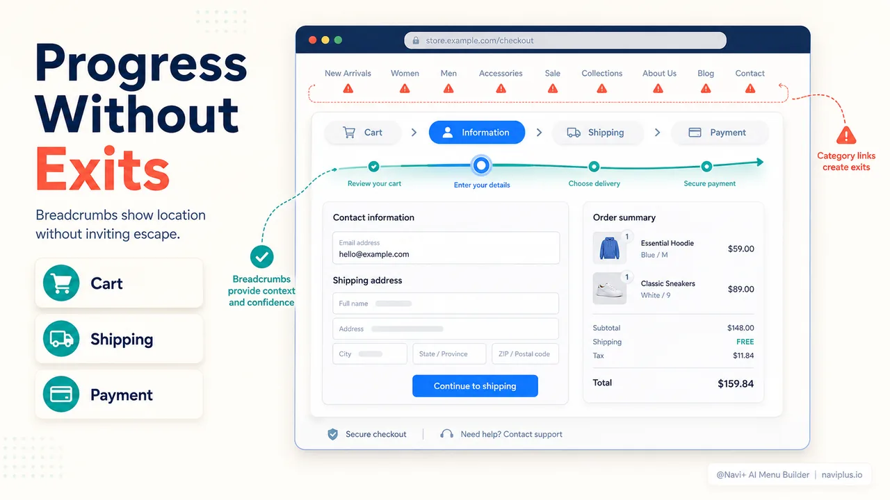 Checkout page with breadcrumb navigation showing Cart > Information > Shipping > Payment steps