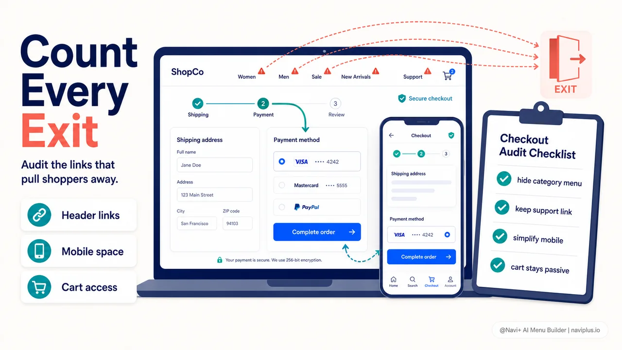 Checkout navigation audit checklist showing header menu cart icon and mobile flow review