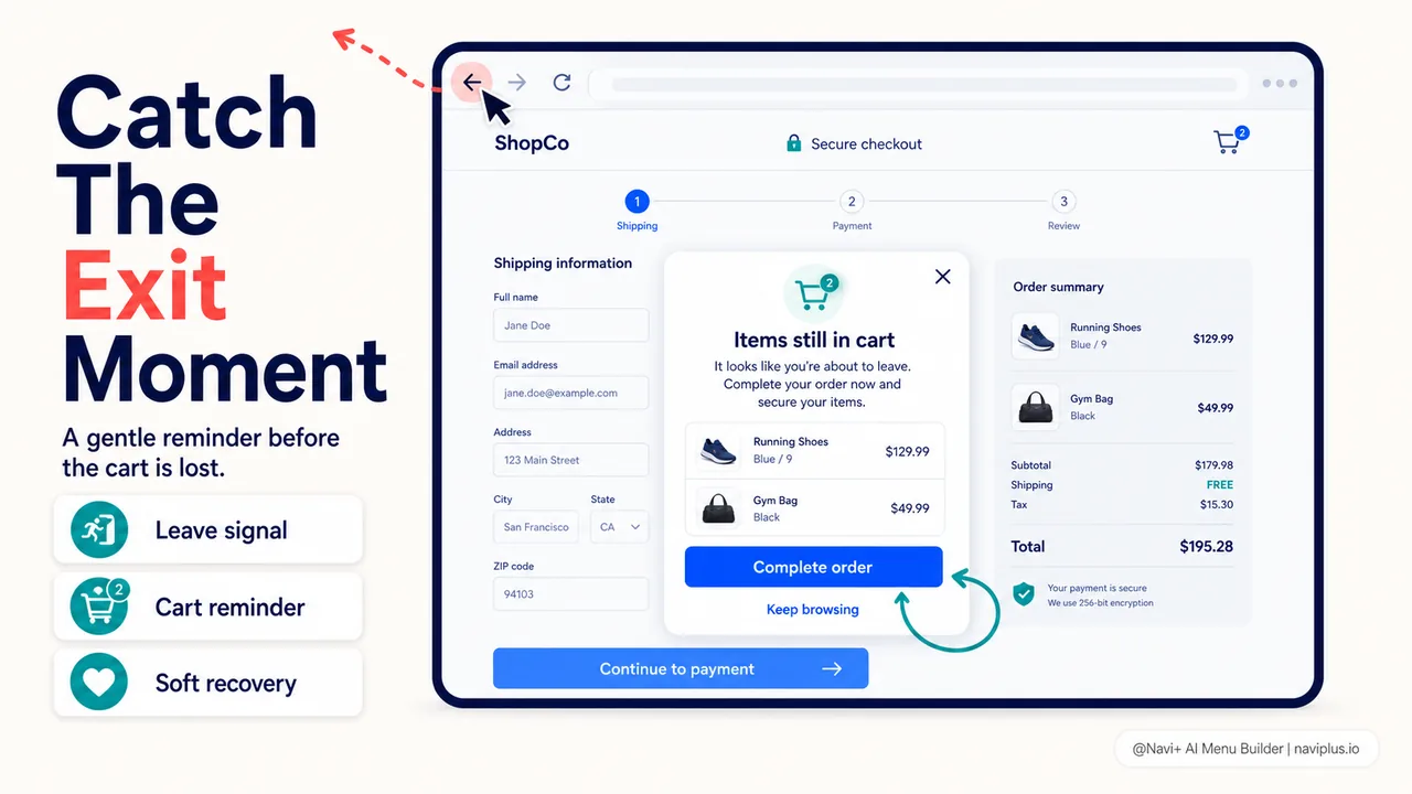 Exit intent popup catching shopper who clicks away from checkout showing last chance offer