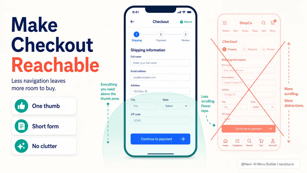 Mobile checkout screen showing thumb zone reach and minimal navigation reducing friction