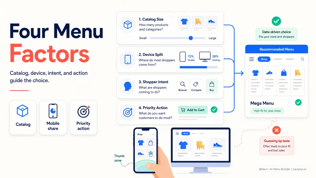 Four Shopify menu decision factors including catalog size mobile share shopping intent and priority action