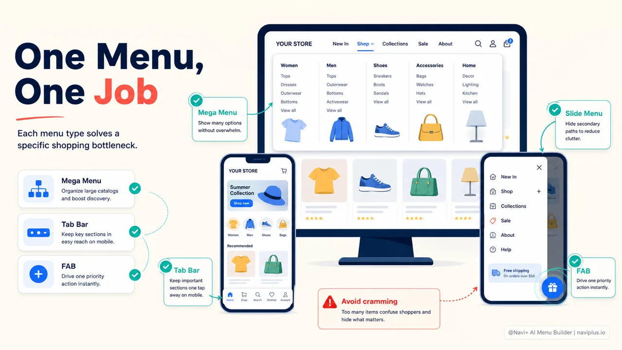 Shopify menu types compared with mega menu tab bar slide menu and floating action button