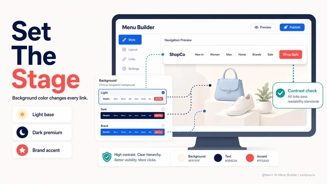 Three navigation examples showing light, dark, and branded background treatments