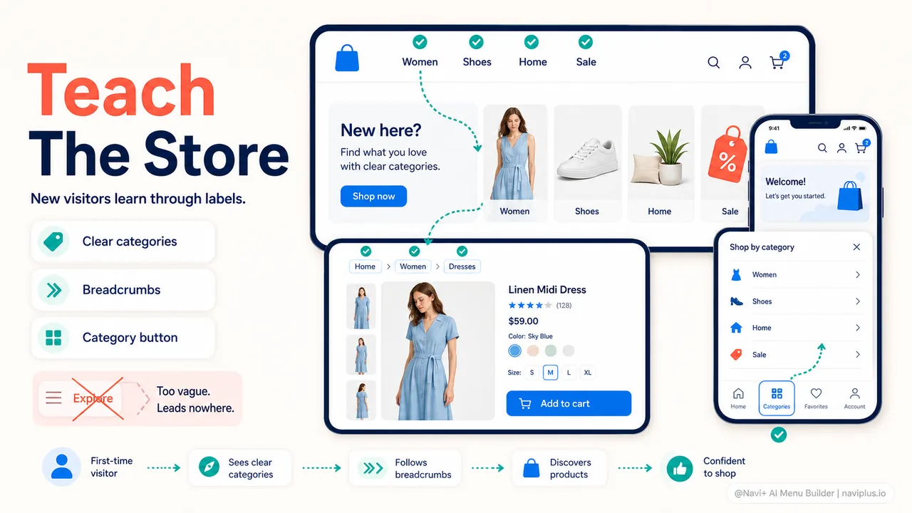 First-time visitor seeing store menu with clear category labels learning the store structure
