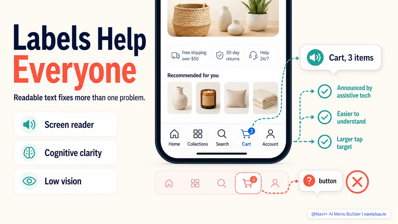 Comparison of accessible and inaccessible icon navigation showing screen reader behavior