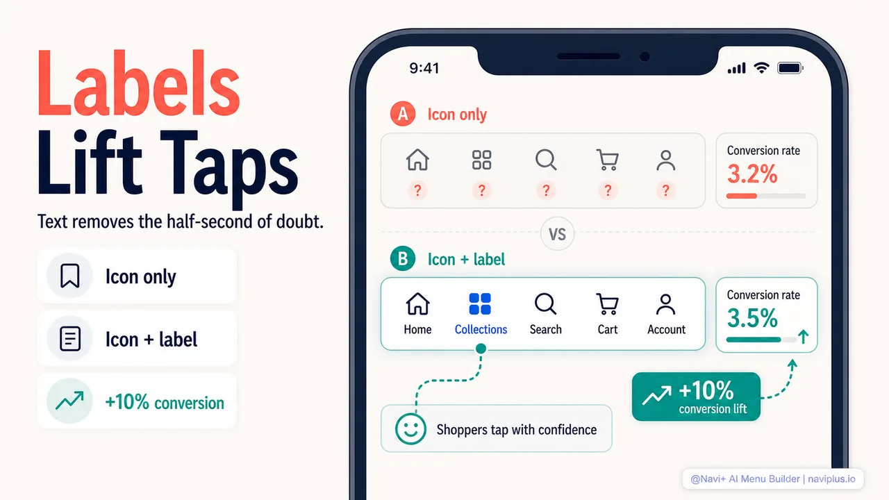 A/B test results comparing icon-only versus icon plus text label navigation on mobile ecommerce