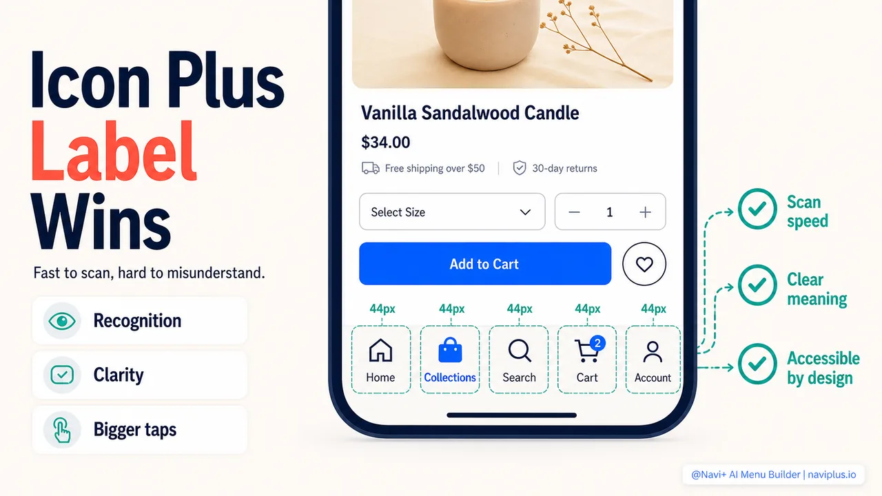 Mobile tab bar with icons and text labels showing home, collections, search, cart, and account