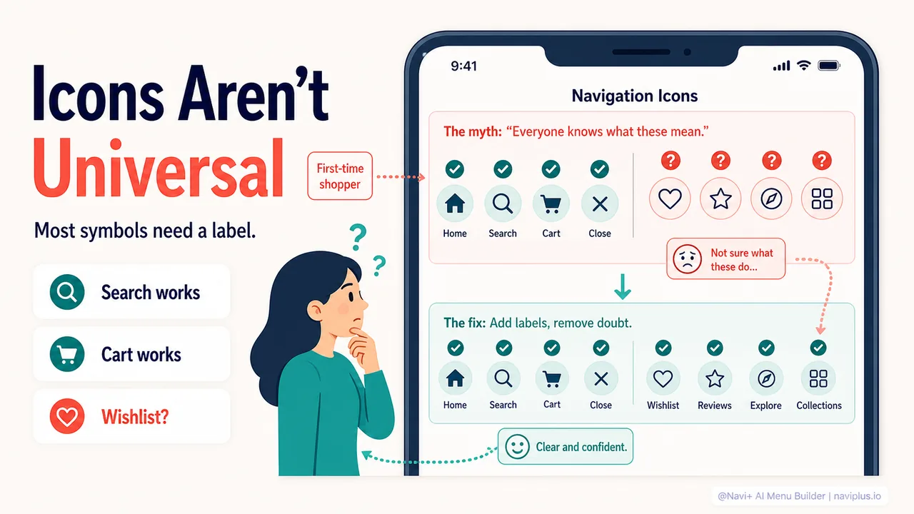 Chart showing which navigation icons are universally recognized and which are ambiguous