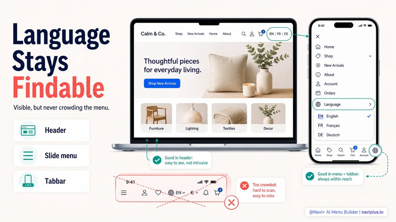 Navigation for international stores: language, currency, and regional catalogs