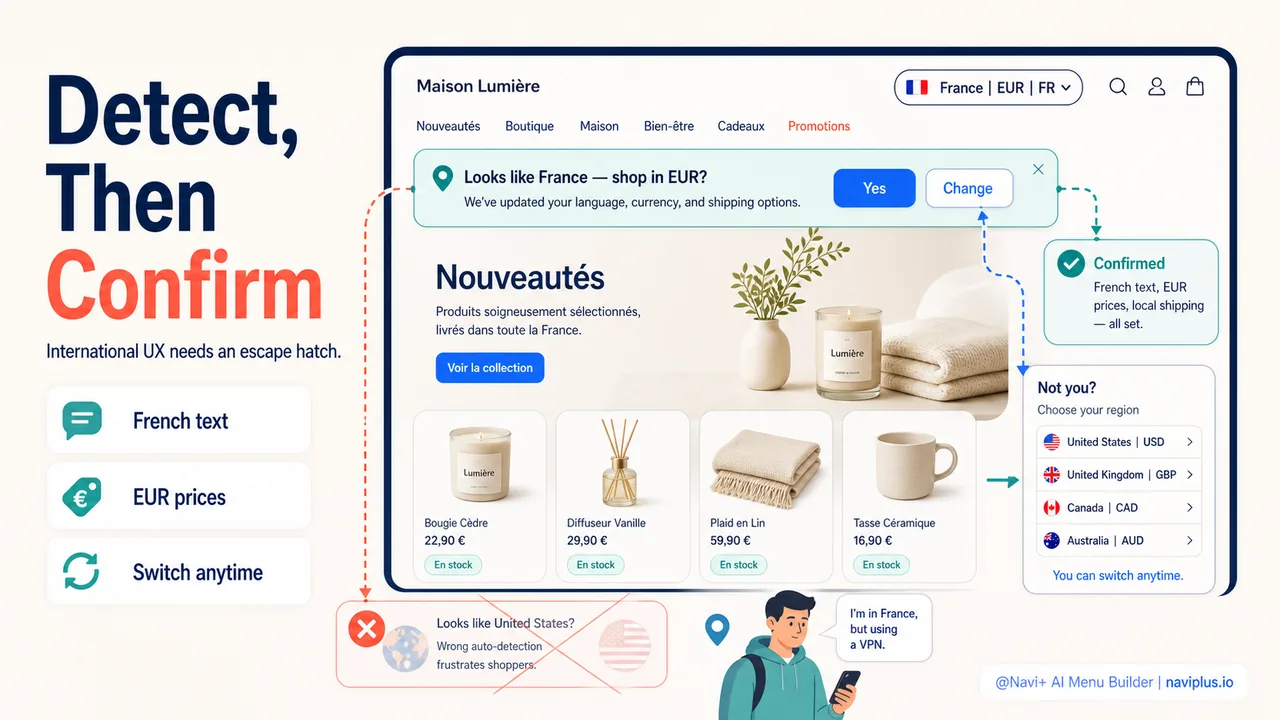 Store auto-detecting visitor location showing confirmation banner with language and currency options