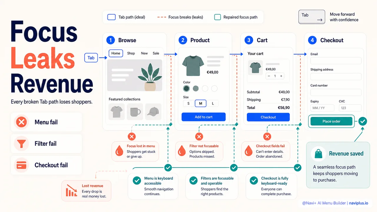 E-commerce conversion funnel showing drop-off points caused by keyboard navigation failures