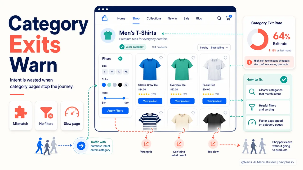Category page exit rate showing shoppers leaving before viewing ecommerce products