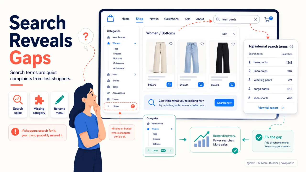 Internal search usage rate revealing ecommerce menu gaps and missing categories