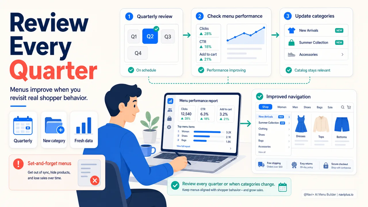 Quarterly ecommerce menu performance review with fresh shopper behavior data