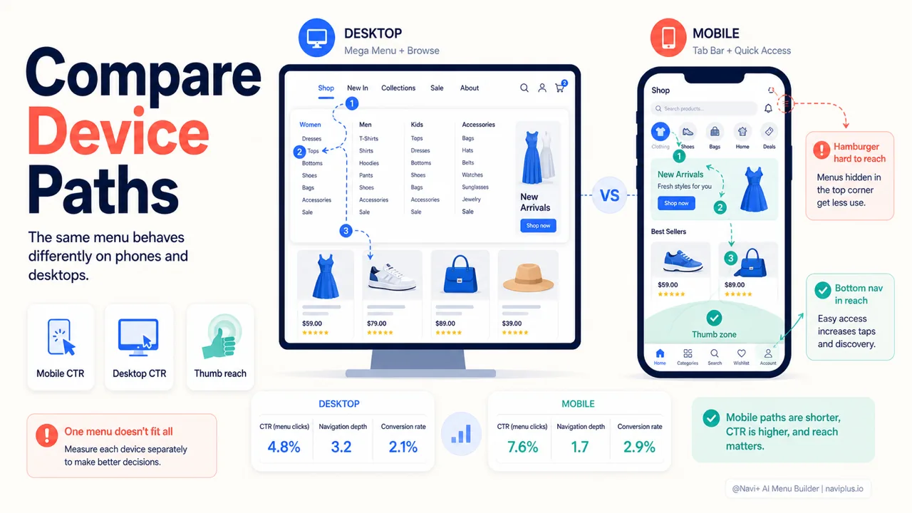 Mobile and desktop navigation behavior comparison for ecommerce menu performance