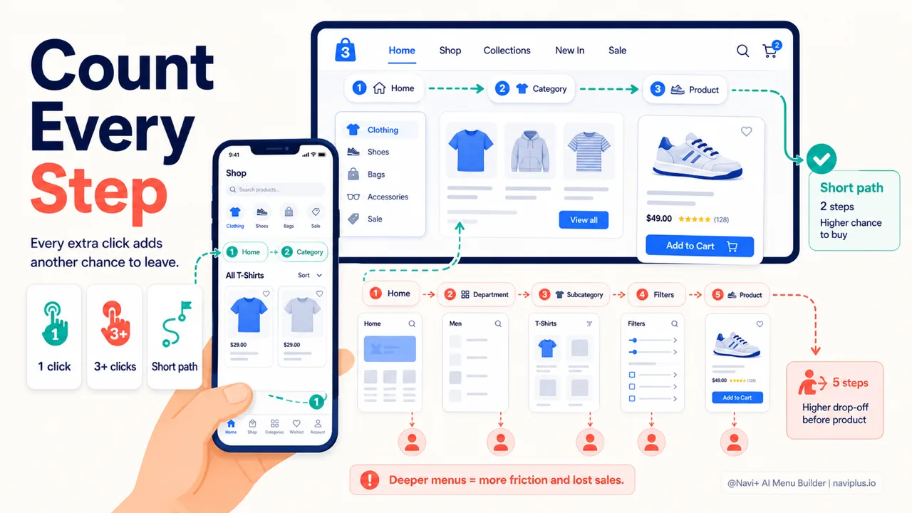 Navigation depth click path showing how many steps shoppers need to reach products