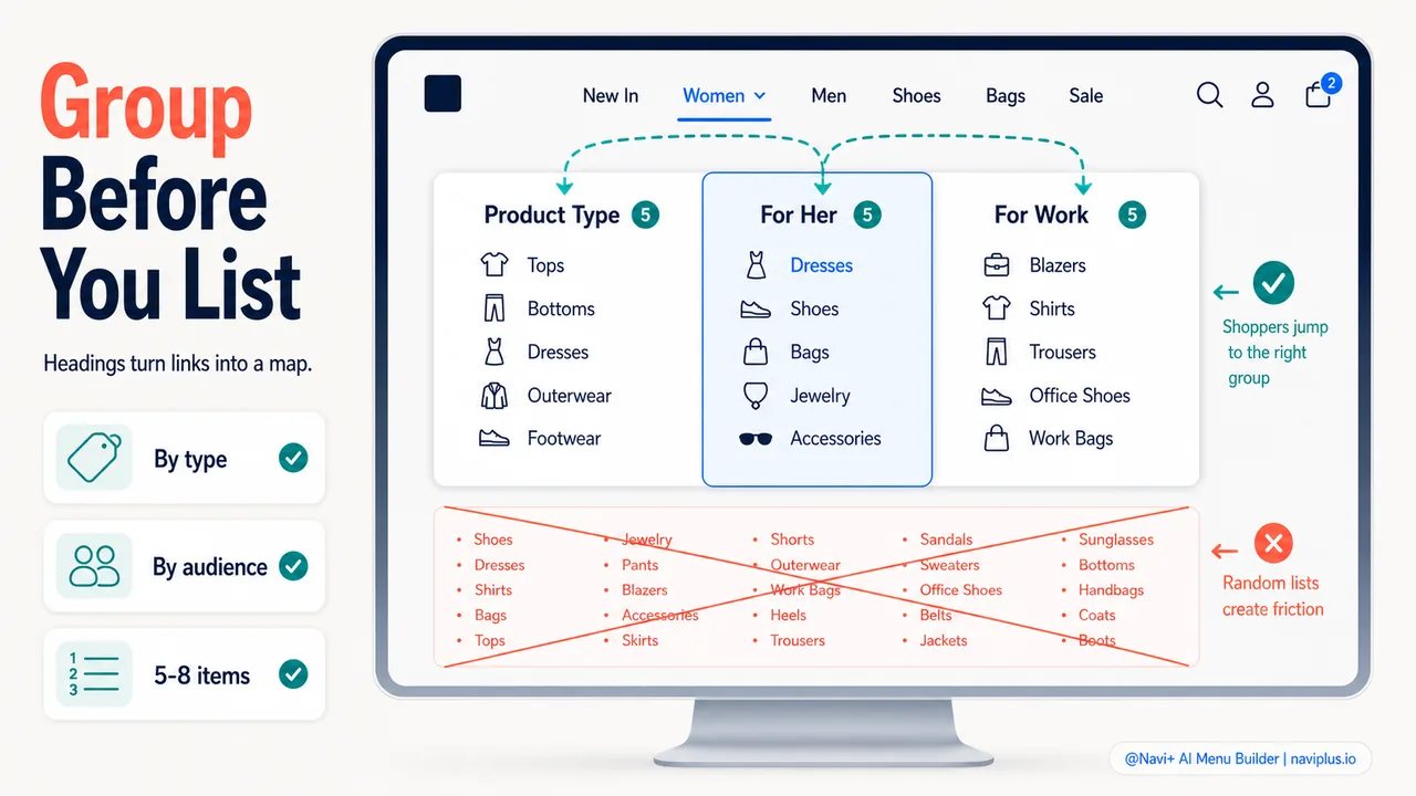 Mega menu showing logically grouped subcategories with clear headings and 5-7 items per column