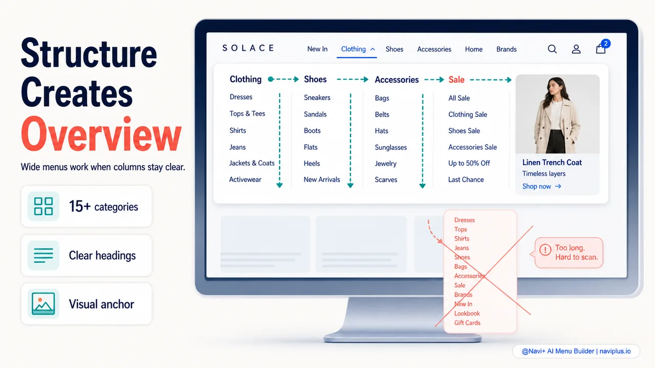 Mega menu dropdown showing organized columns with subcategories images and featured products