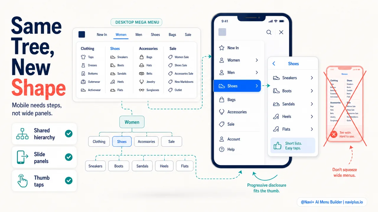Desktop mega menu translating to mobile slide menu with progressive disclosure