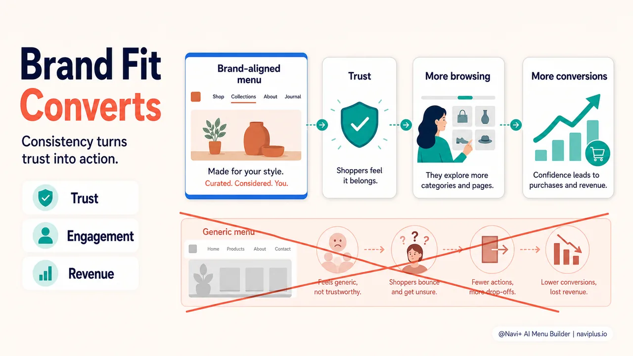 Flowchart showing how brand-aligned navigation impacts business metrics