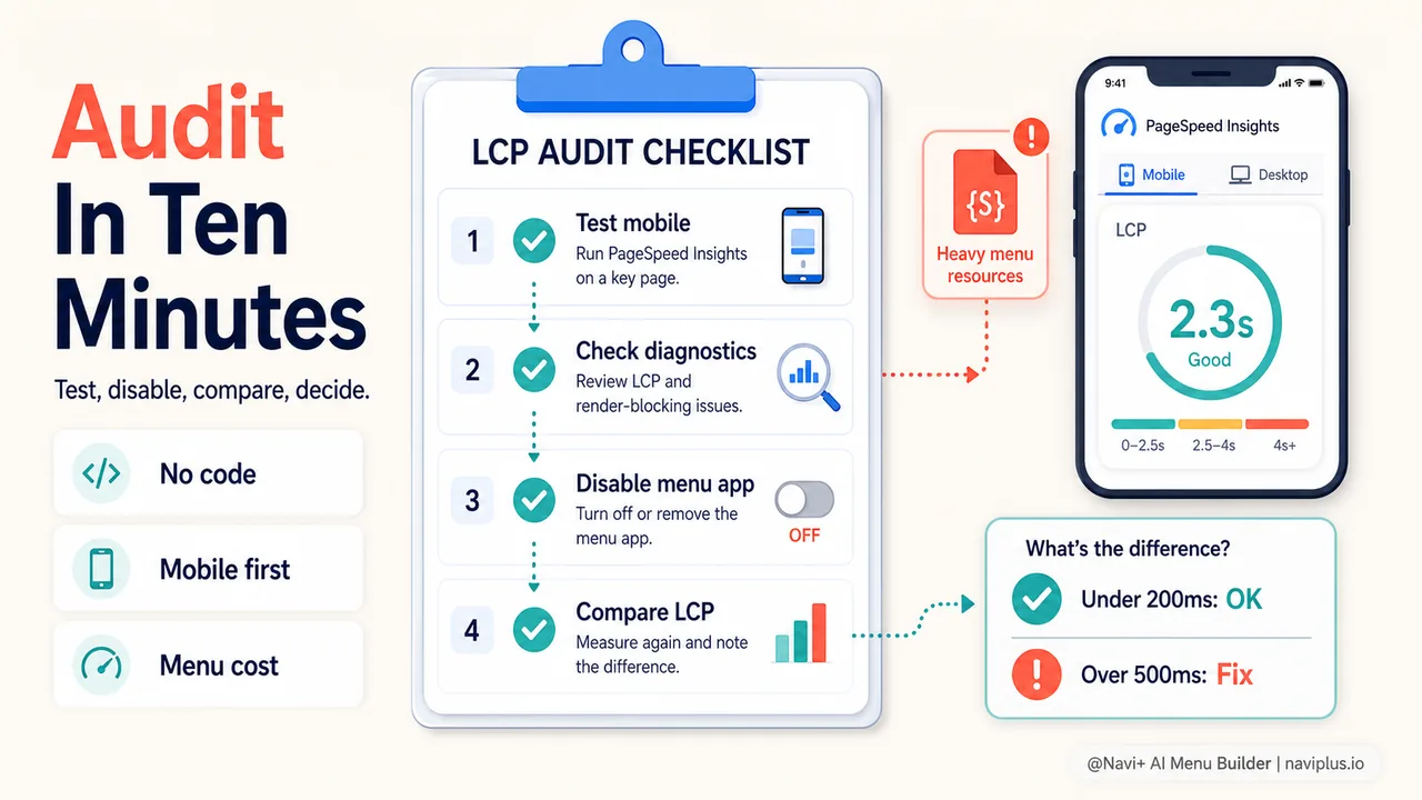 Four step LCP audit checklist for Shopify store owners showing test disable compare and decide workflow
