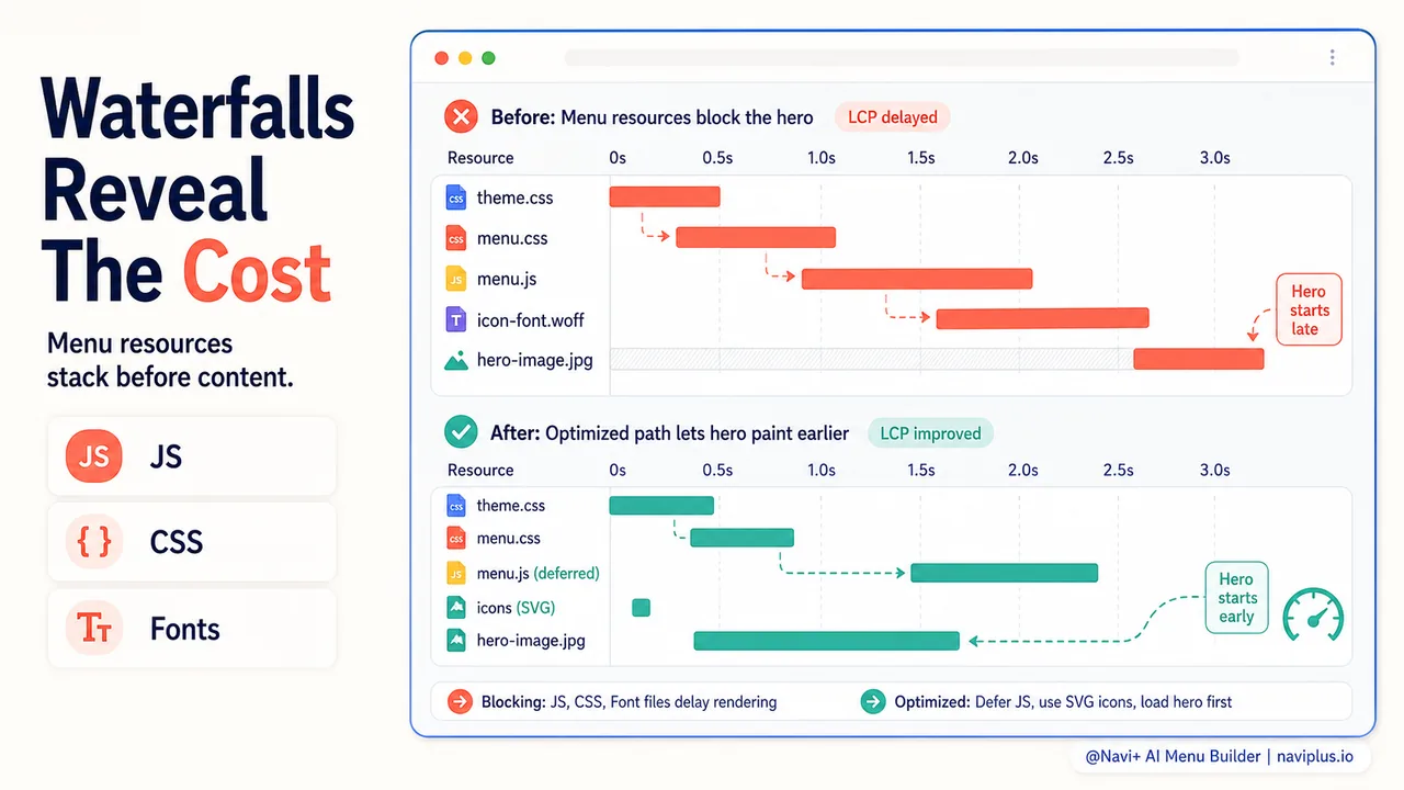 Network waterfall chart from Chrome DevTools showing menu JavaScript CSS and font files loading before the hero image can begin rendering