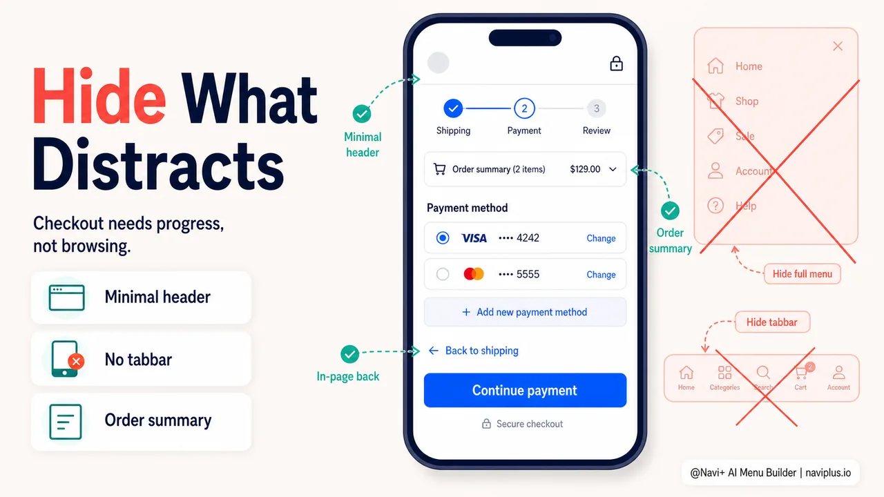Mobile checkout with minimal header hidden tabbar inline order summary and clear progress indicator