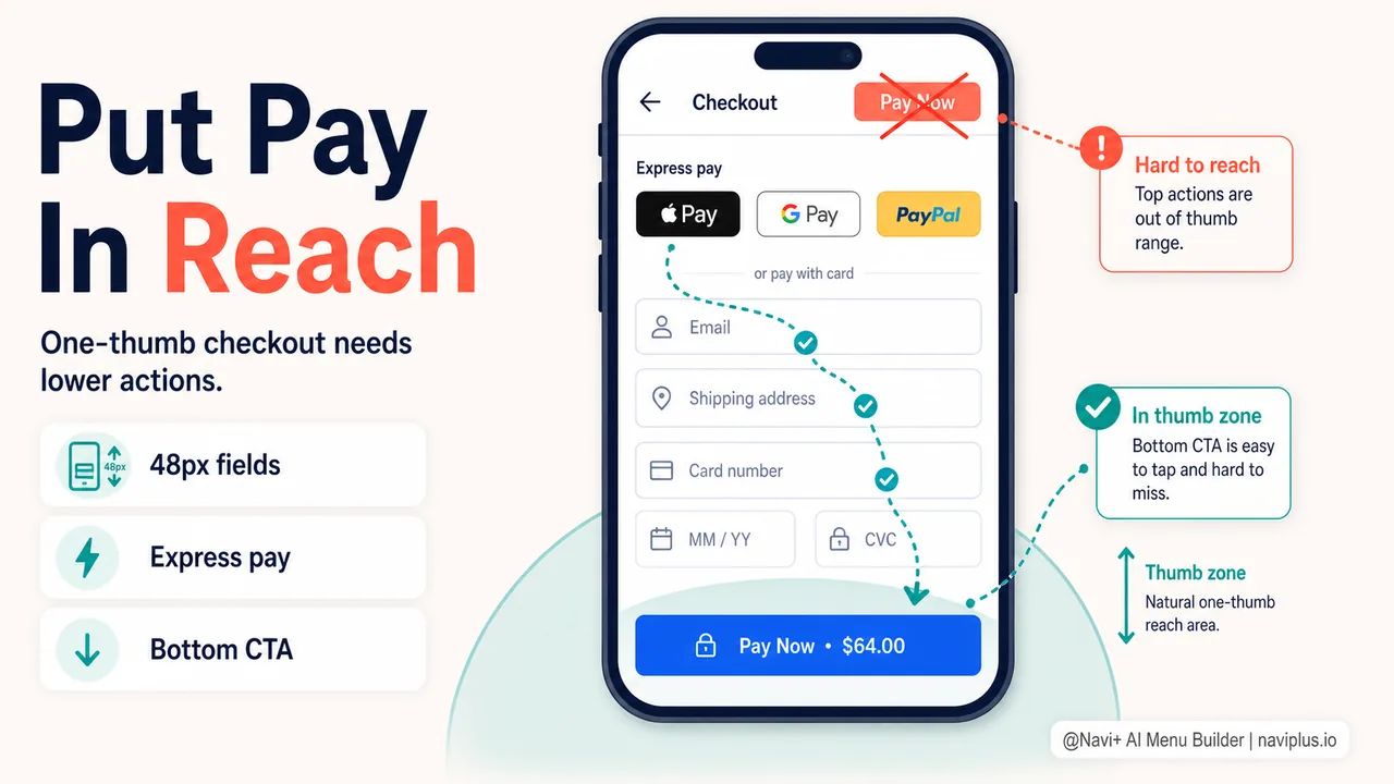 Mobile checkout with large form fields submit button in thumb zone and express pay options