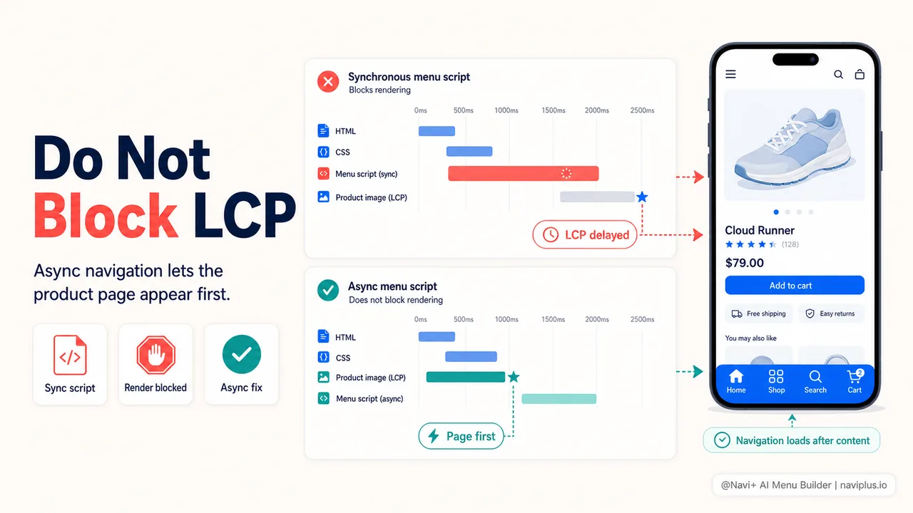 Waterfall chart showing menu script blocking render and delaying LCP versus async loading