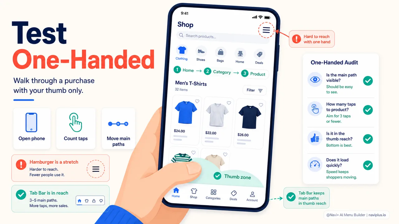 One handed mobile navigation audit for ecommerce tab bar and hamburger menu placement