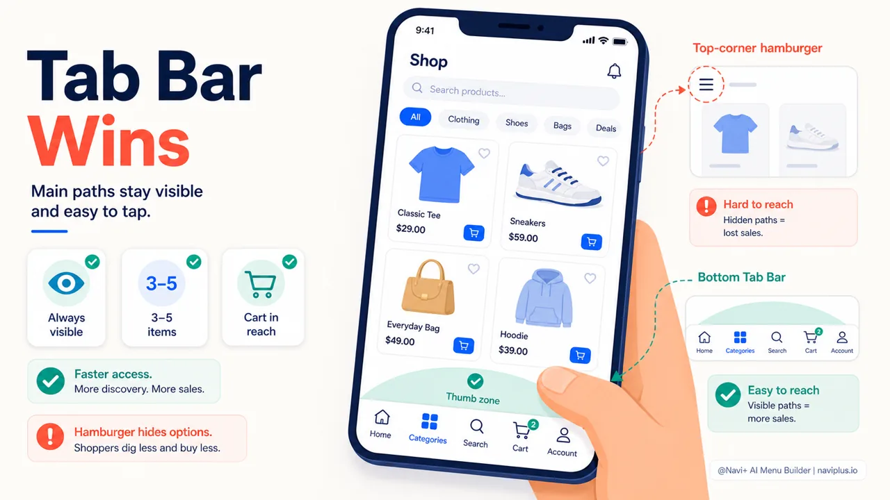 Mobile tab bar navigation keeping ecommerce categories search cart and account within reach