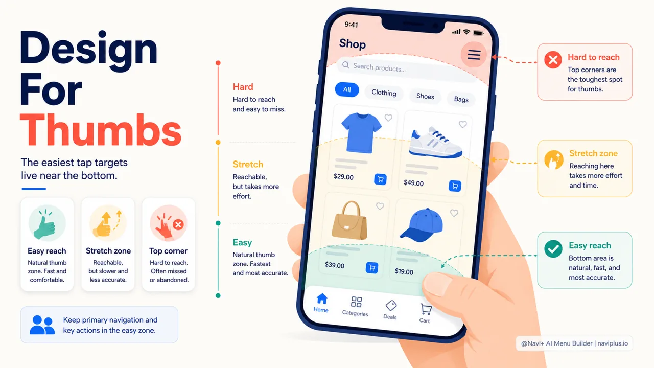 Mobile thumb zone showing easy and hard to reach ecommerce navigation areas