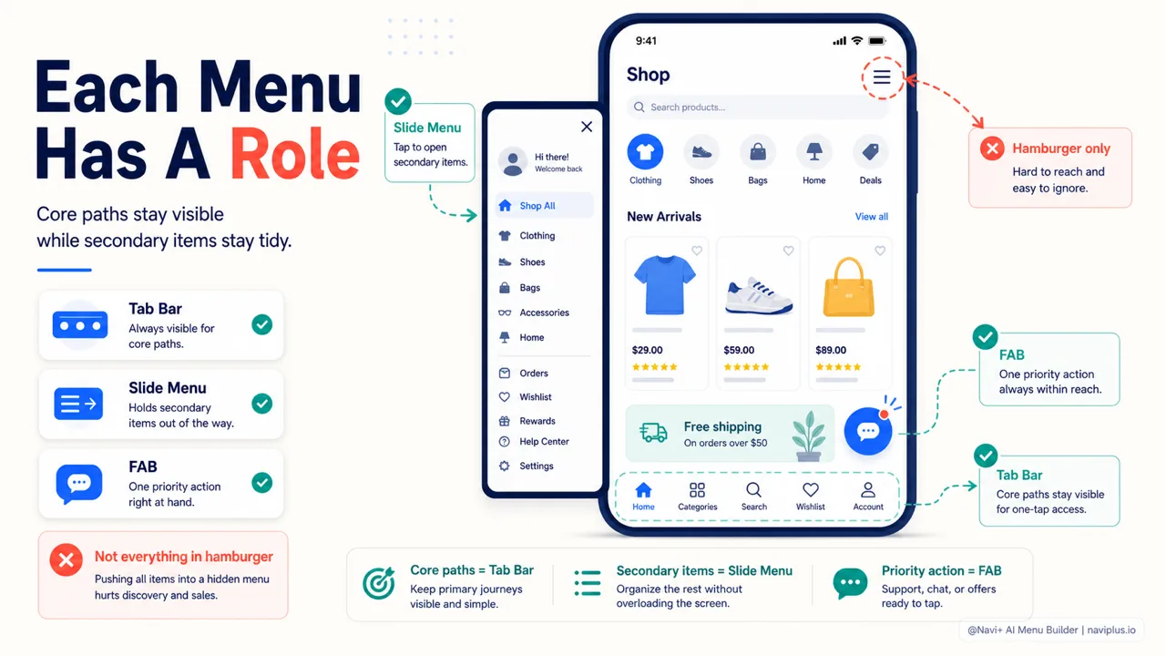 Tab Bar Slide Menu and FAB combination for mobile ecommerce navigation