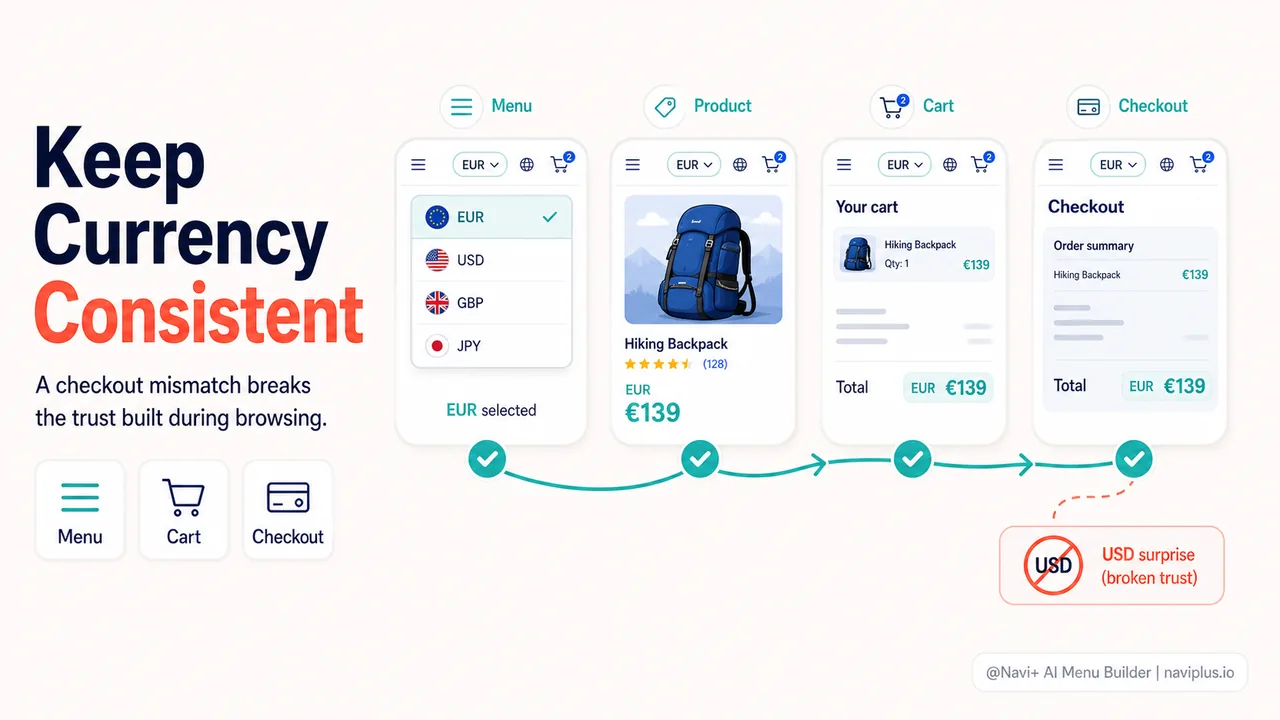 Flowchart showing currency selection persisting from menu through checkout