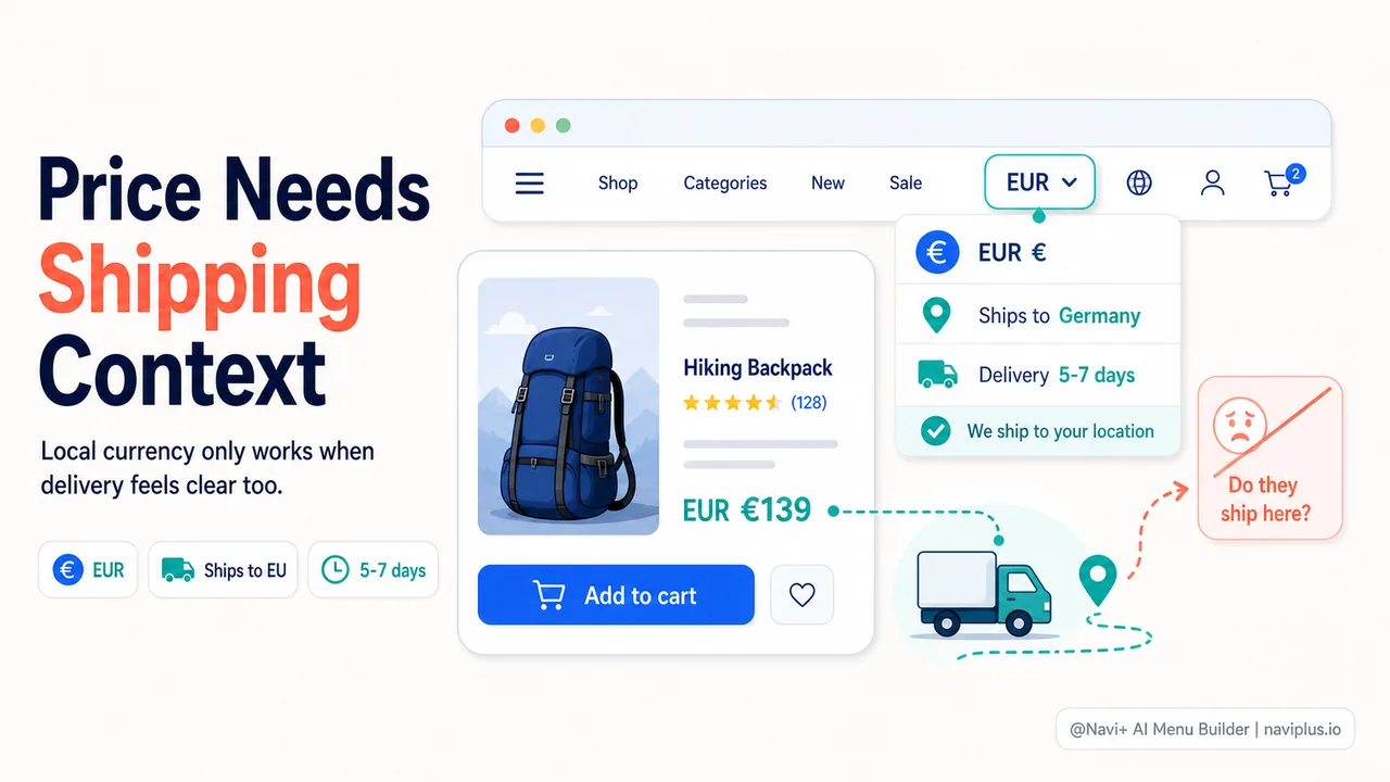 Navigation menu showing currency selector with shipping policy tooltip
