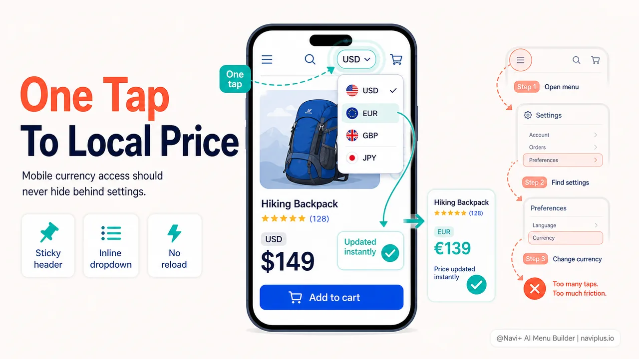Mobile screenshot showing currency dropdown activated from sticky header