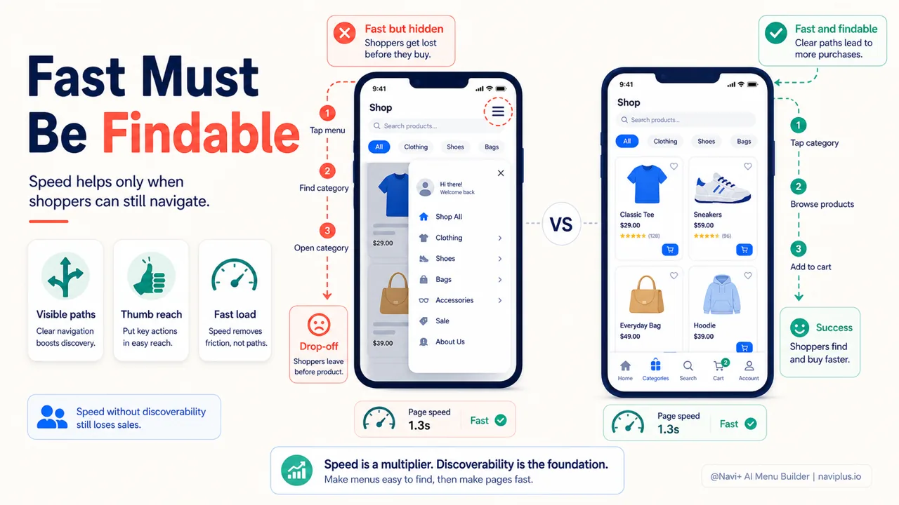 Fast and findable mobile navigation comparing hidden hamburger menu with visible tab bar