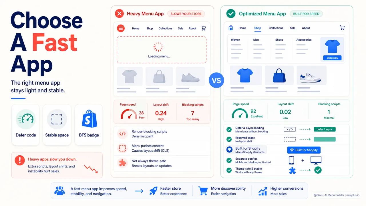 Fast Shopify menu app criteria including defer code stable layout and Built for Shopify badge