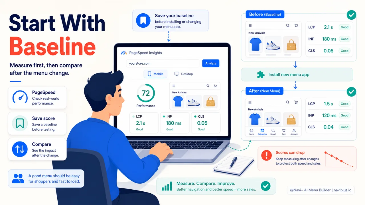PageSpeed baseline comparison before and after installing a Shopify menu app