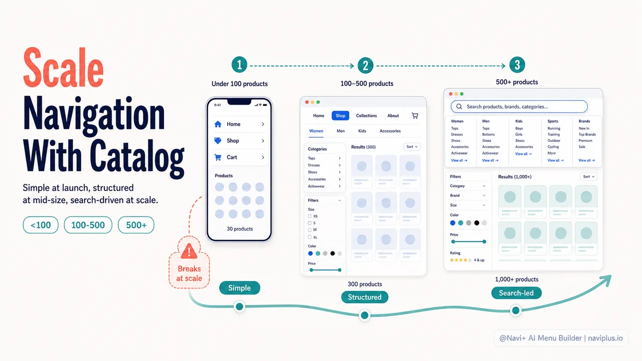 Timeline showing navigation complexity increasing from simple bar to mega menu as catalog grows