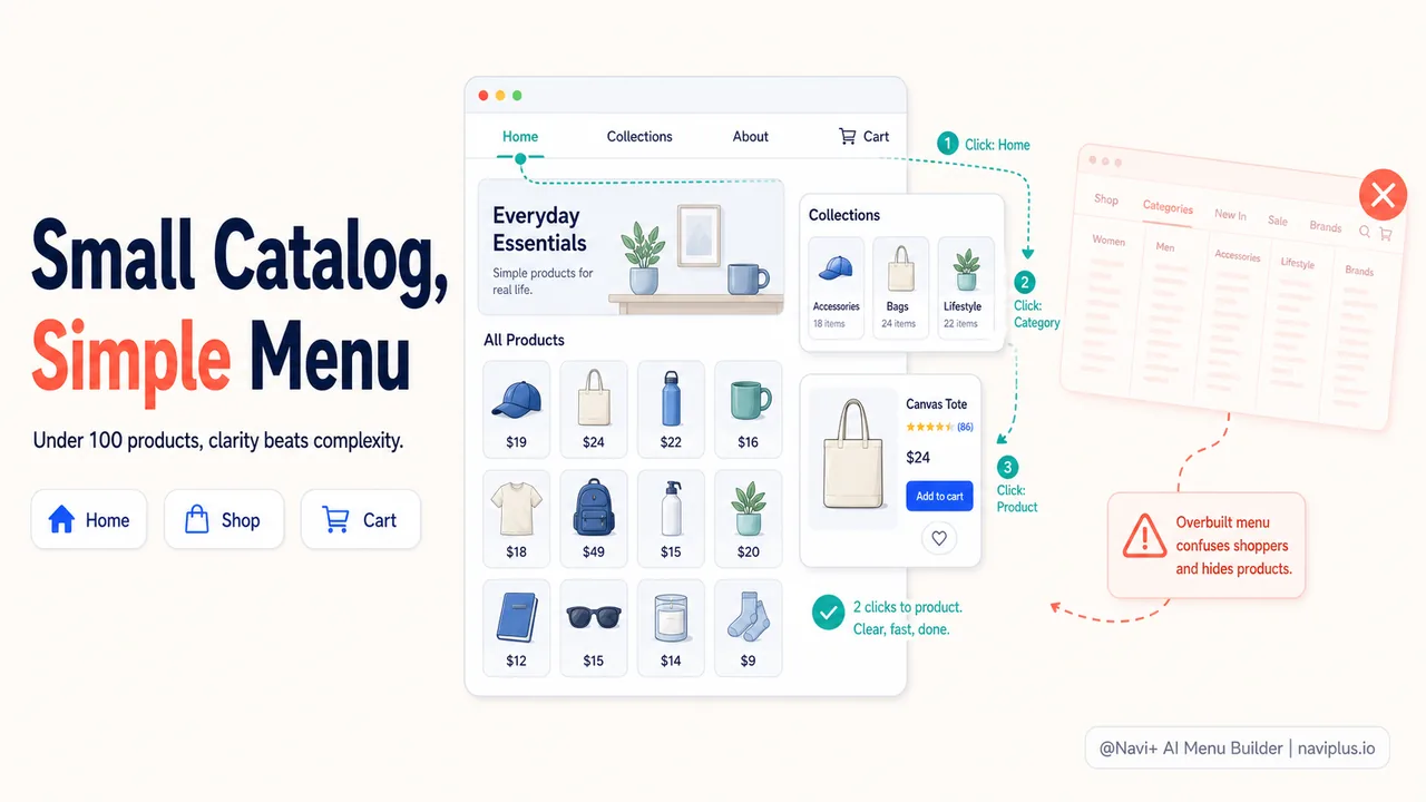 Small store with 30 products showing clean three-category navigation versus overcomplicated mega menu