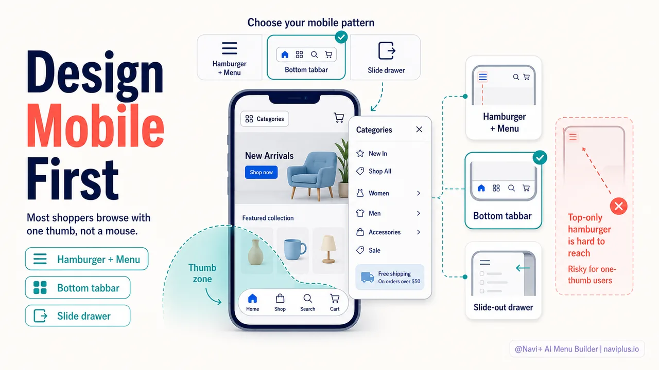 Side-by-side comparison of mobile navigation patterns
