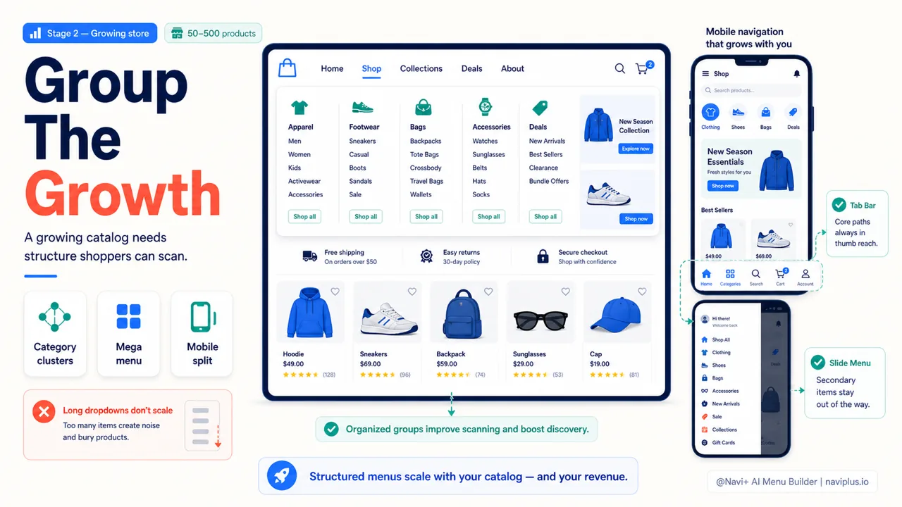 Growing ecommerce store navigation with grouped categories mega menu and mobile tab bar