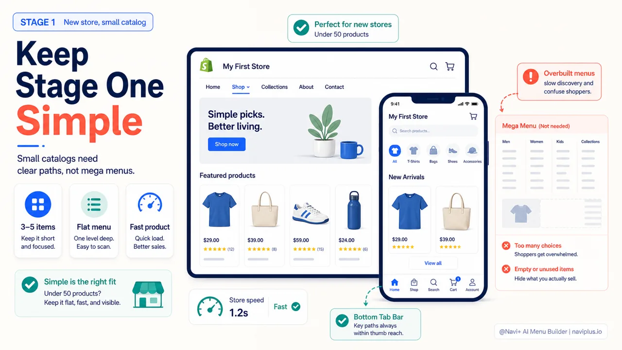 New Shopify store simple navigation for a small catalog under 50 products
