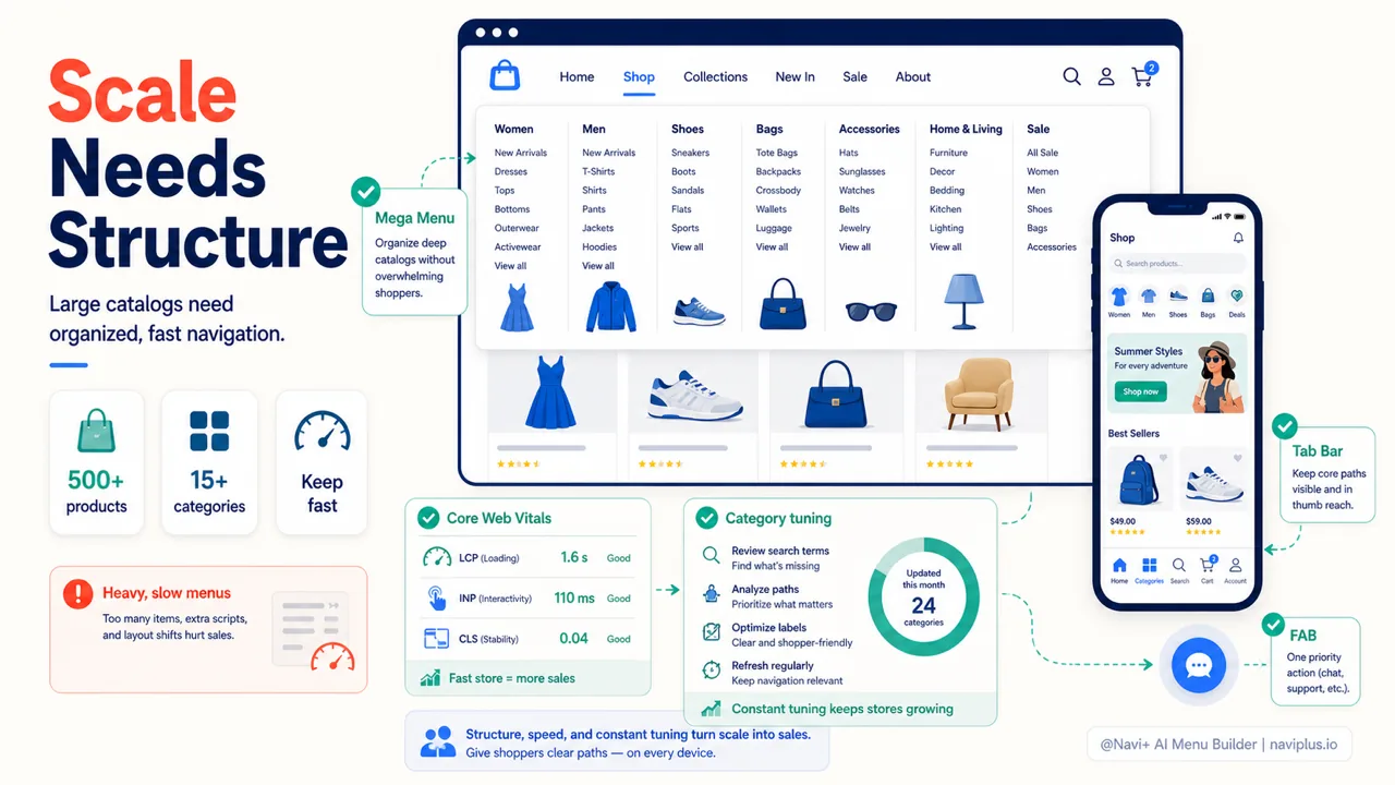 Scaled ecommerce store navigation with mega menu mobile tab bar and Core Web Vitals