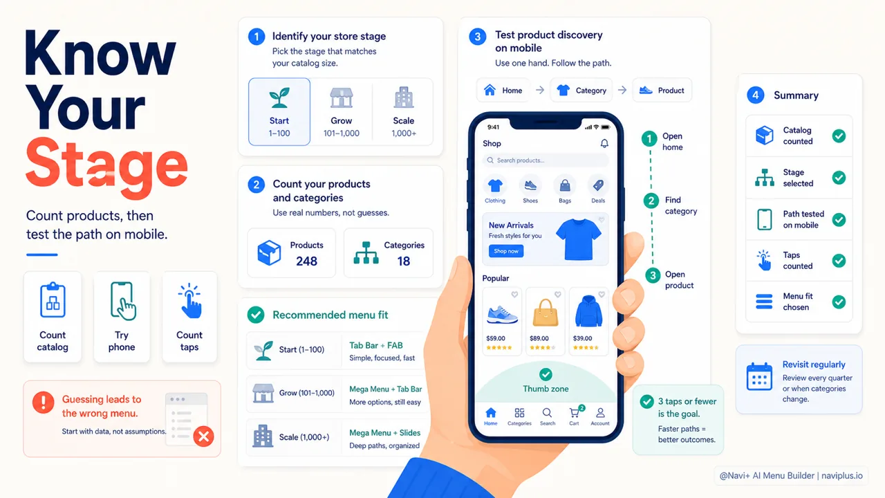 Store stage navigation checklist with product count category count and mobile product path