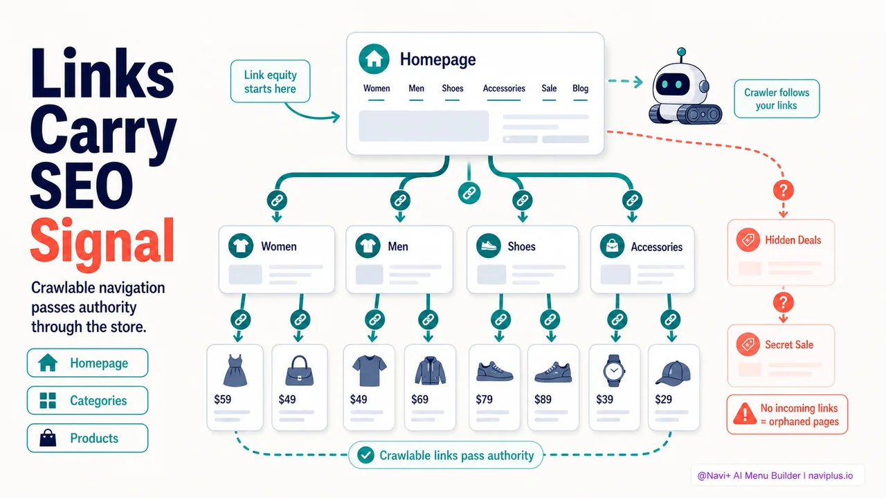 Diagram showing link equity flowing from homepage through navigation to category pages and products