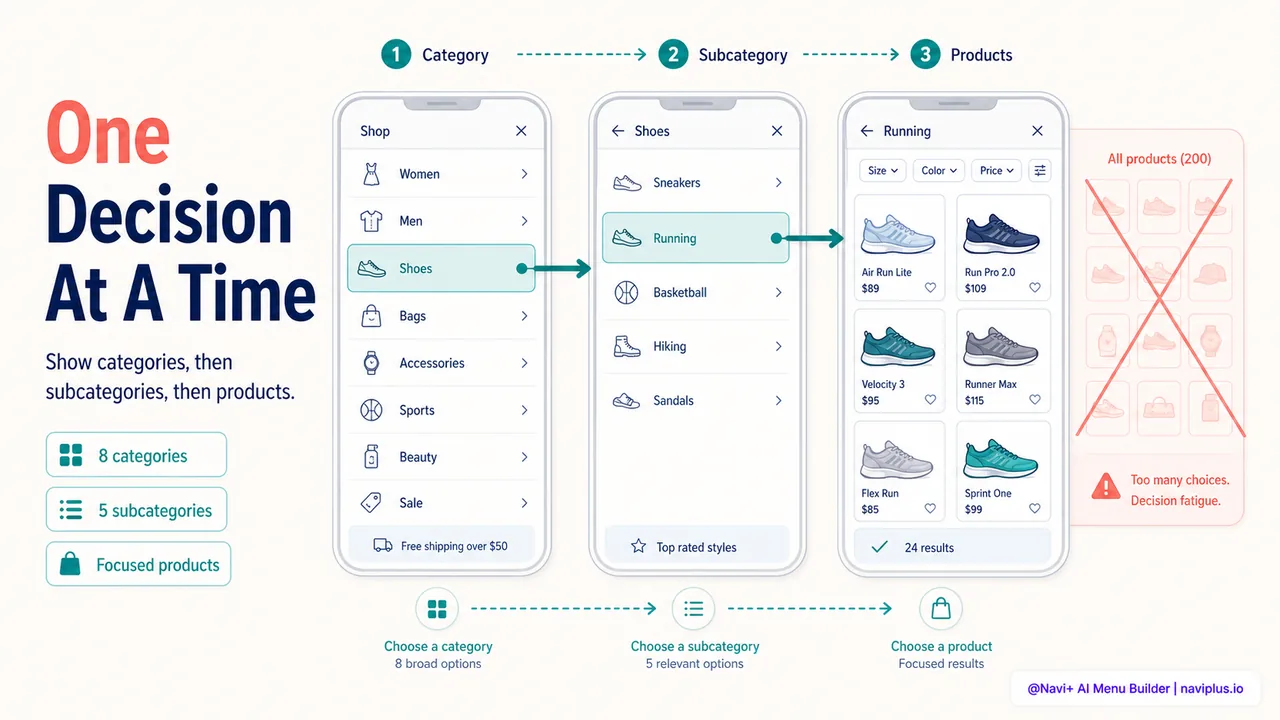 Three level progressive disclosure menu showing 8 categories then 5 subcategories then products