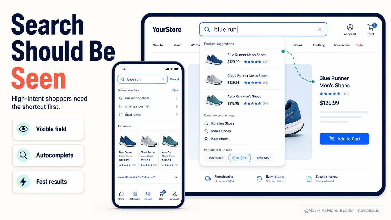 Ecommerce search bar placement patterns showing prominent header position with autocomplete results